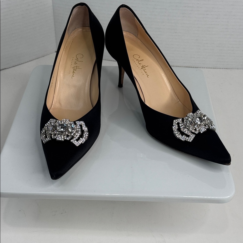 Cole Haan Briann Jeweled Pumps Black Satin Heels Crystal Accent -Ladies Size 7B